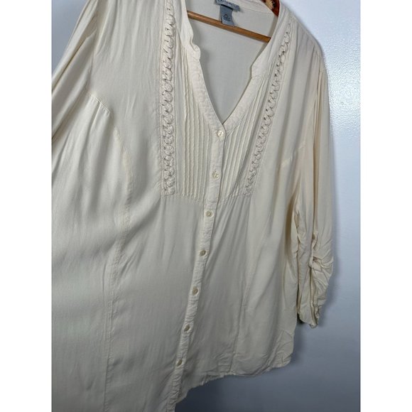 Catherines 3X Blouse Rayon Top Boho Button Down Relaxed Long Sleeve V-Neck Cream - Picture 6 of 12